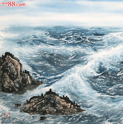 著名画家,中国画海第一人【周智慧,】国画大海四尺《碧海银涛》海鸥翔