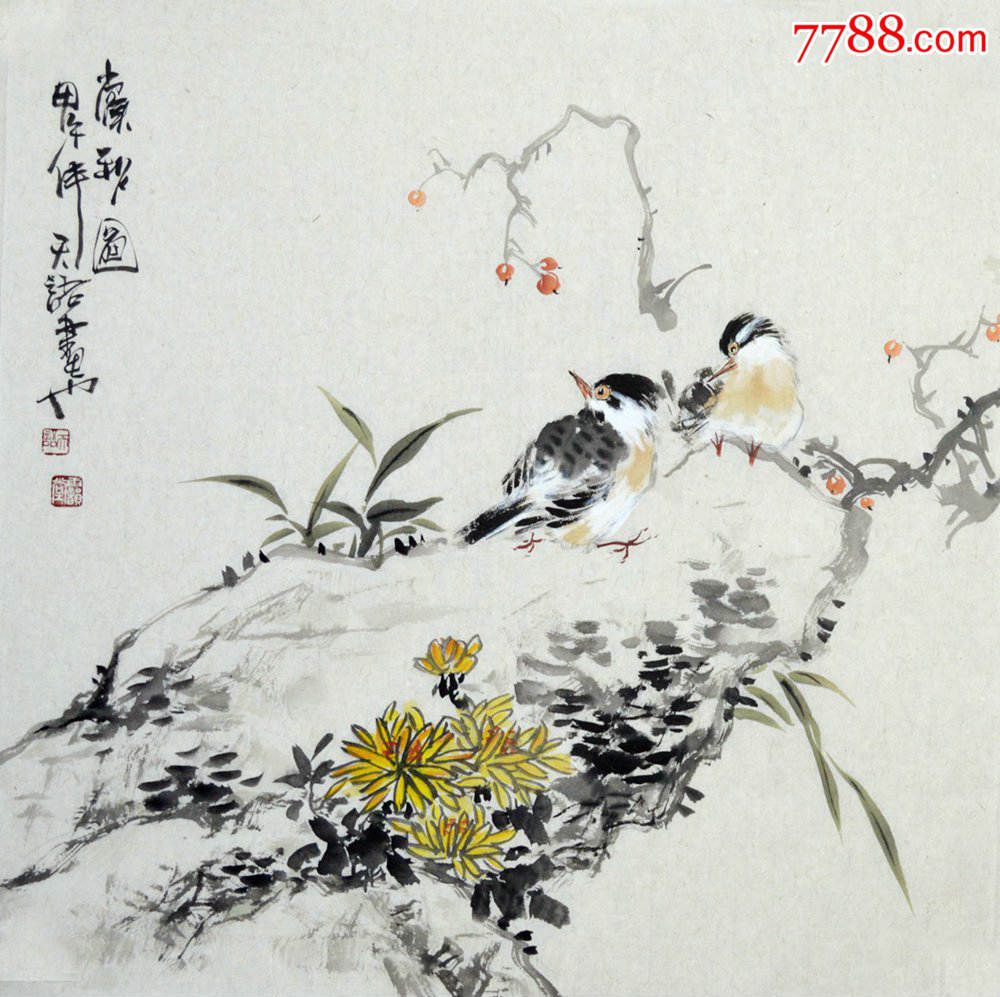 三尺斗方写意花鸟画《赏秋图》hn2203